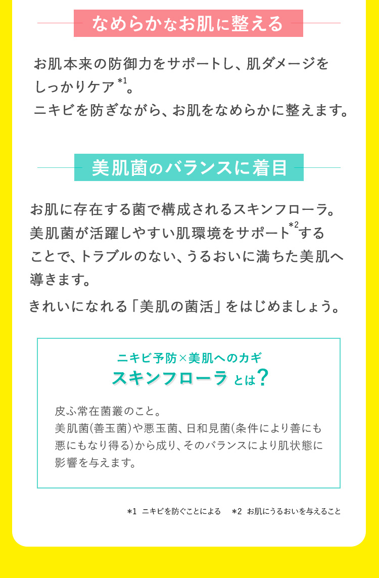 多角的アプローチ　速攻ケア　なめらかなお肌に整える　美肌菌のバランスに着目