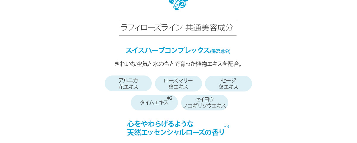 スイス原産の5つのハーブから抽出した植物エキス「スイスハーブコンプレックス」　心をやわらげるような天然エッセンシャルローズの香り