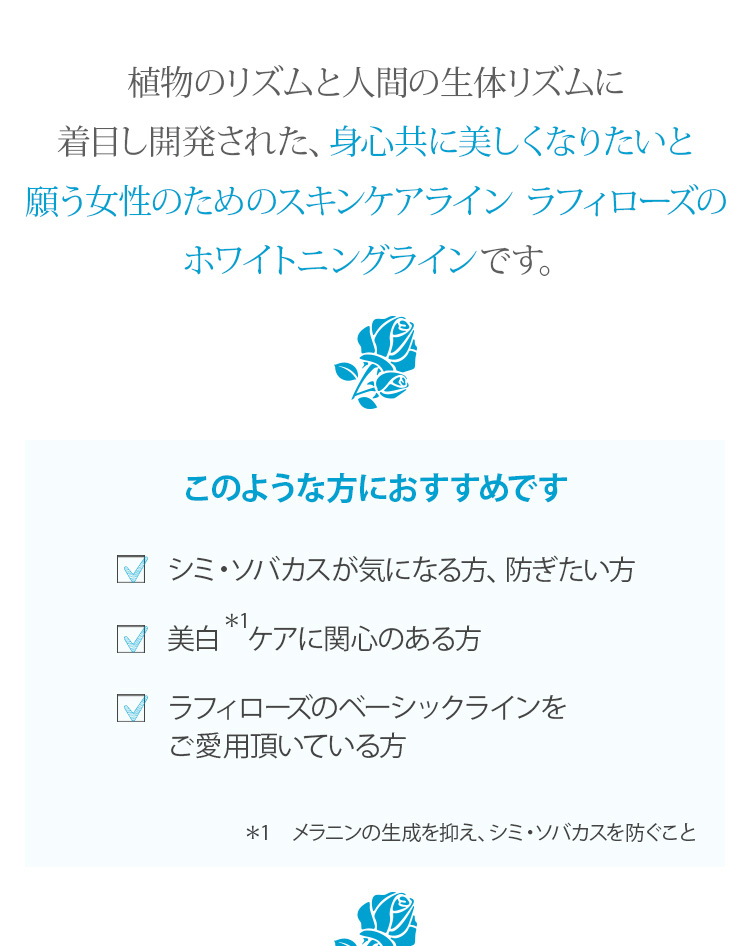 シミ・ソバカスが気なる方、防ぎたい方　美白ケアに関心のある方　ラフィローズのベーシックラインをご愛用頂いている方