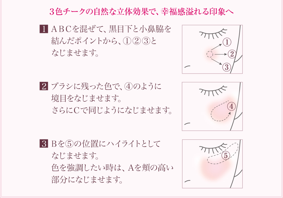 ３色チークの自然な立体効果で、幸福感溢れる印象へ