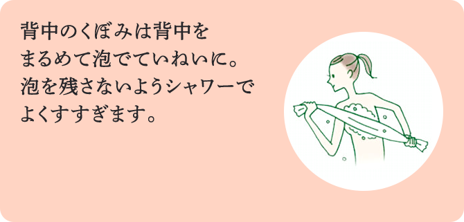 背中のくぼみは背中を まるめて泡でていねいに。泡を残さないようシャワーでよくすすぎます。