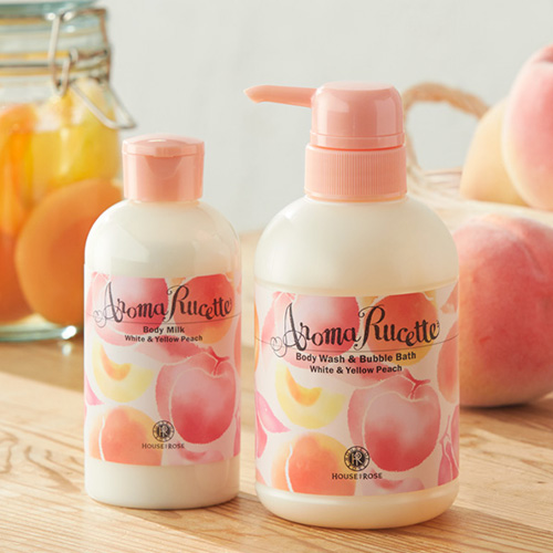 「ボディウォッシュ&バブルバス WP&YP（ホワイト＆イエローピーチの香り） 350mL」
「ボディミルク WP&YP（ホワイト＆イエローピーチの香り）　200mL」